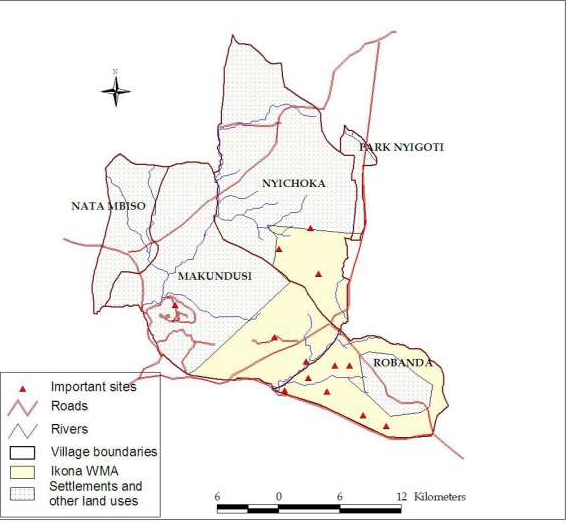 Map of Ikona Wildlife Management Area and neighbouring protected areas